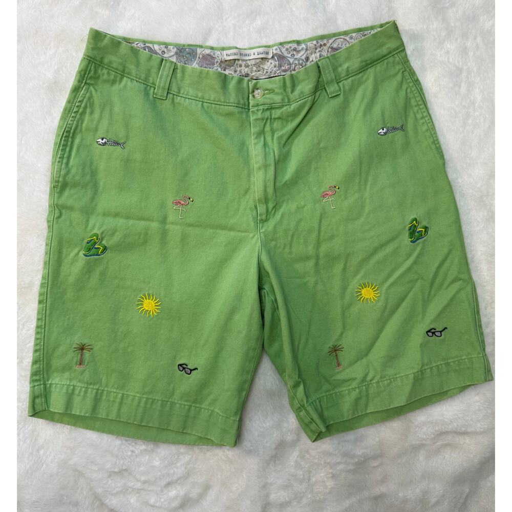 Men's Washed Stoned & Beaten Vintage Beach Shorts in Green with Embroidery